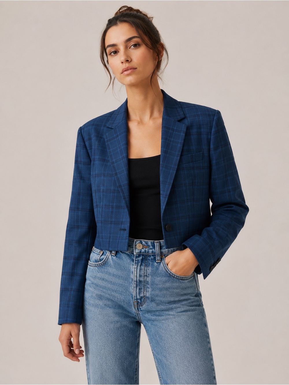 Cropped Wool Plaid Blazer Upcycled Tailored Jacket Blue Windowpane